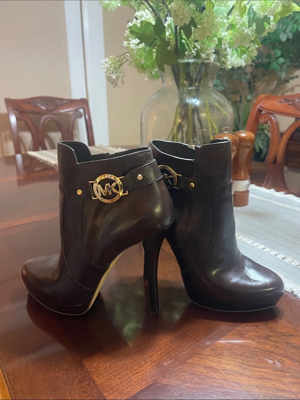 Michael Kors Dark Brown Leather High-Heel Ankle Booties with Gold MK Accent